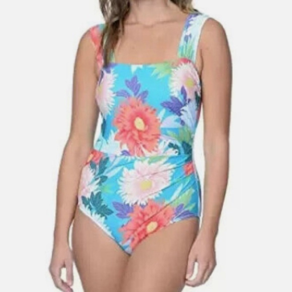 Jantzen Tropical Blue Cap Sleeve Mio Floral One Piece Swimsuit Size 12 NWT